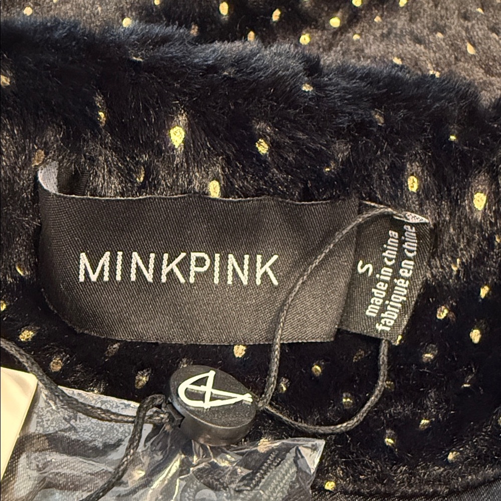MINKPINK faux fur black jacket with gold dot pattern open front chunky warm SM - Picture 7 of 14